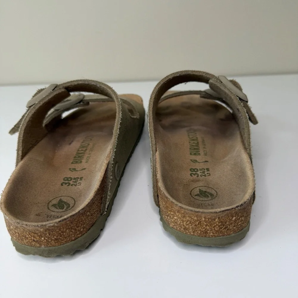 Birkenstock Arizona Women 38N Vegan Olive Double Strap Buckle Slides Boho
